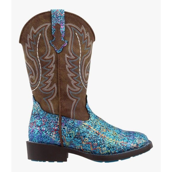 Roper Southwest Blue Glitter Aztec Square Toe Cowboy Boots Western Girls Size 1 - Picture 1 of 9